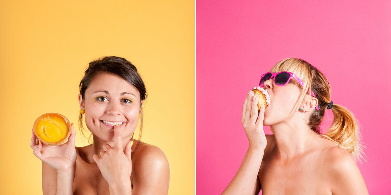 serie-gourmandise-jeremy-guillaume-photo-fond-couleur-patisseries-rose-jaune-filles-studio